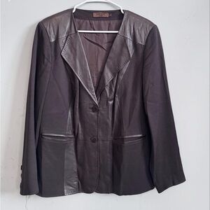 Brown Mixed-Media Leather-Trim Blazer